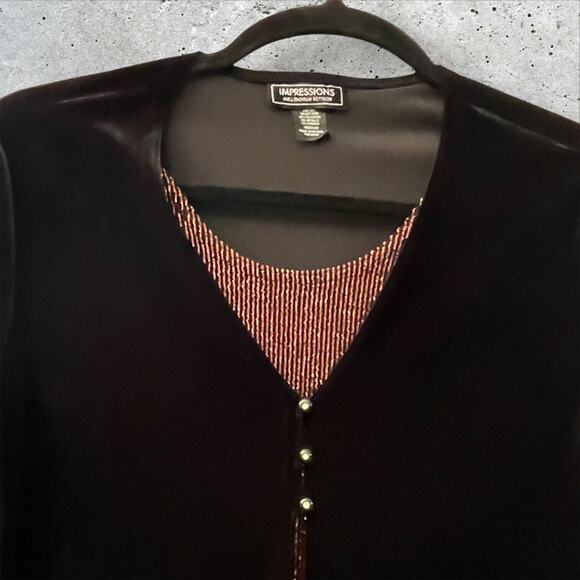 Impressions Womens Top Medium Black Velvet Twofer Long Sleeve Metallic Stretch - Picture 2 of 7